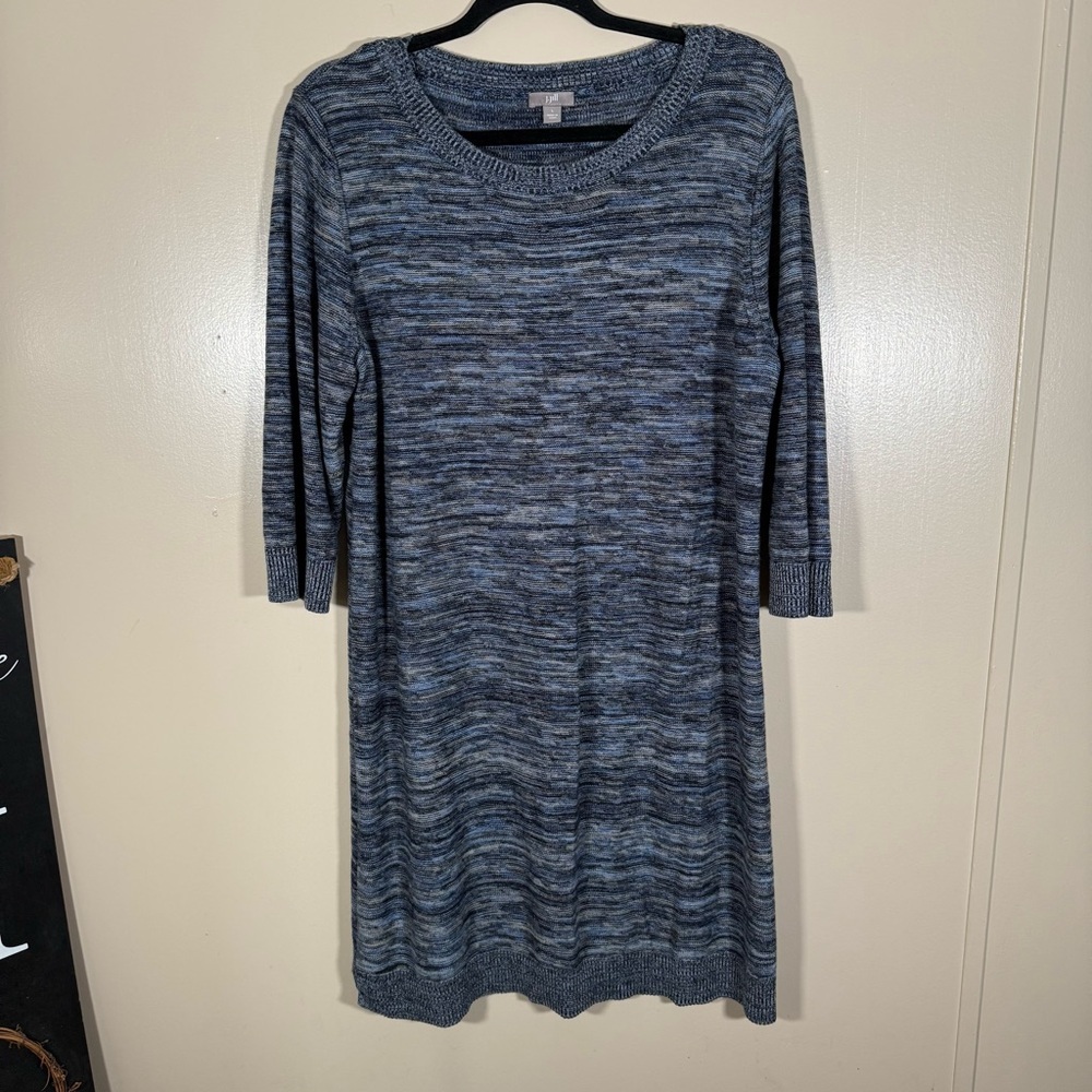 J.Jill 3/4 Sleeve Scoop Neck Linen Blend Blue Heathered Sweater Dress Large